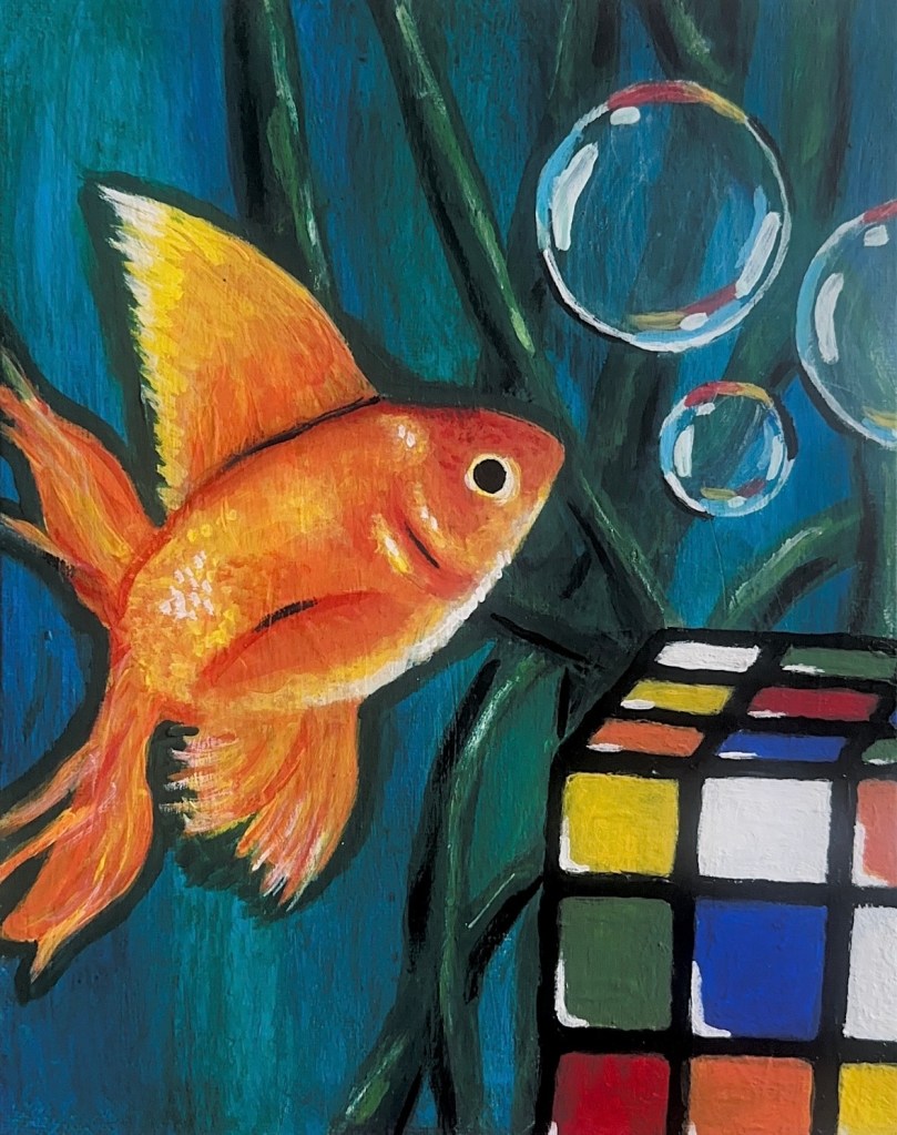A cartoon style goldfish next to a Rubik's cube with bubbles and seaweed.