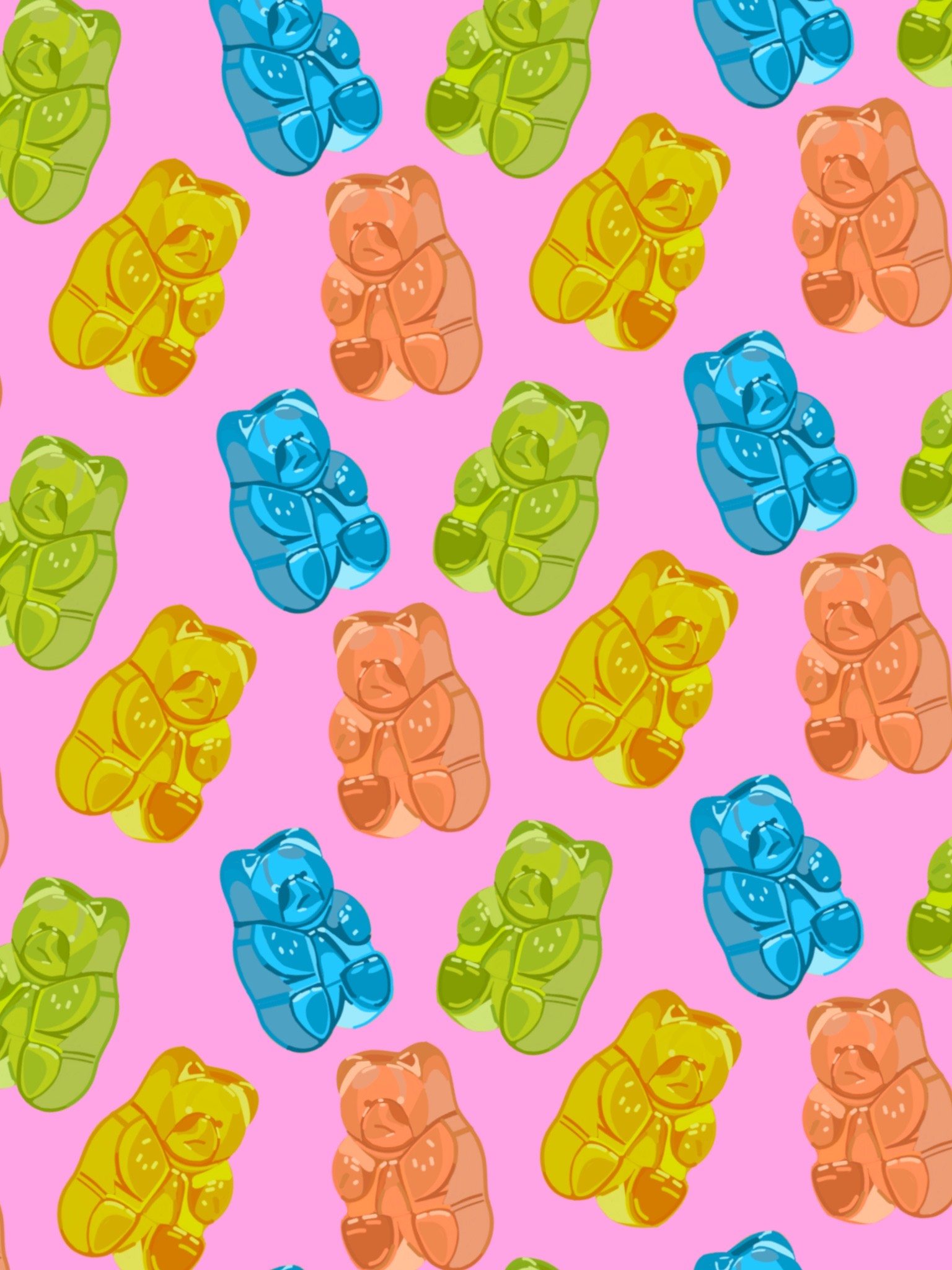 Colorful gummy bear pattern over a light pink background.